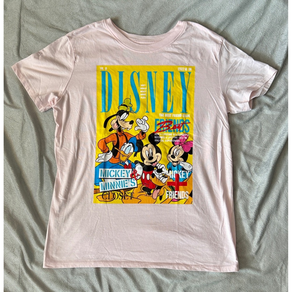Disney Graphic T-Shirt Large Pink‎ Mickey Minnie Magazine Print Disneycore